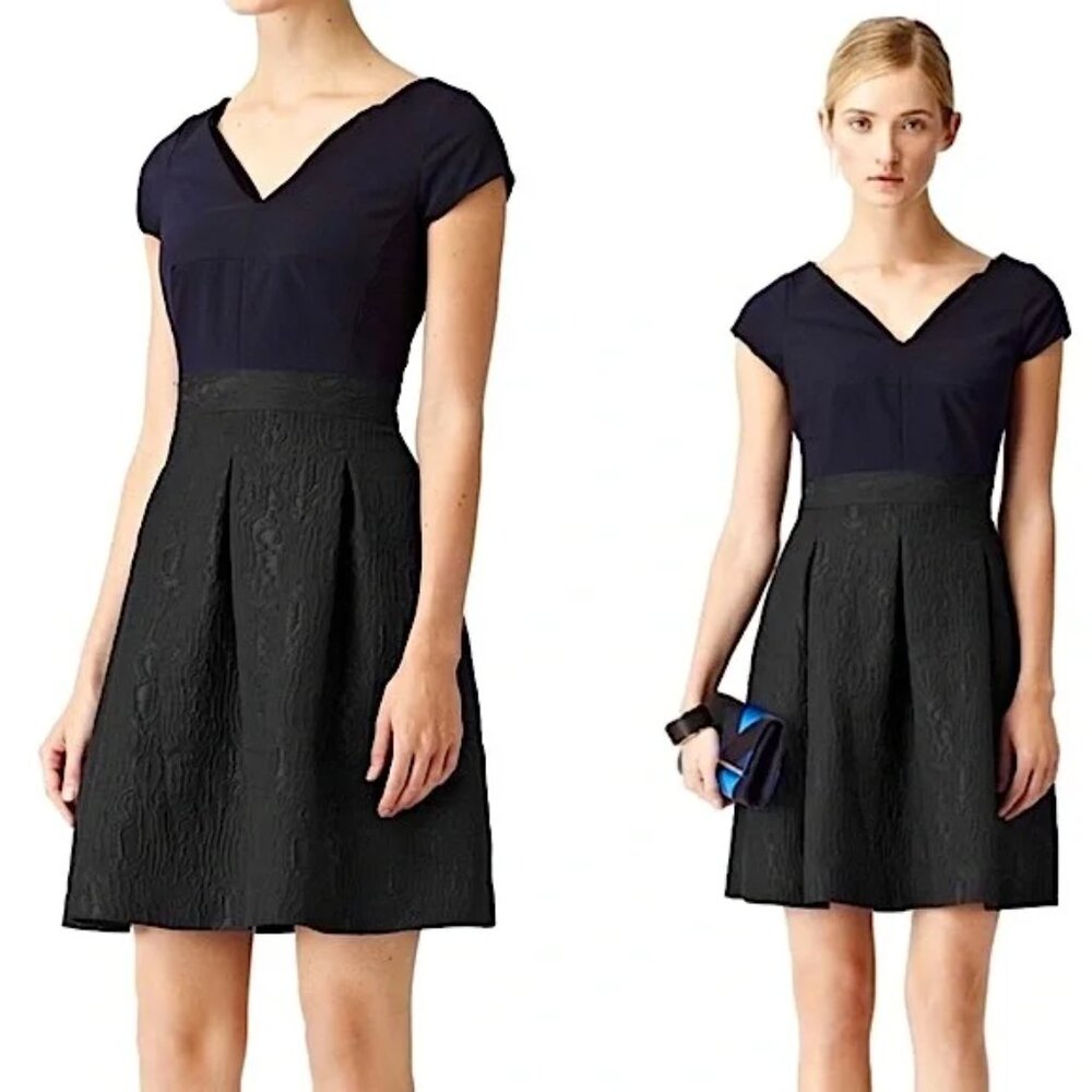 REISS 4 Uma Swiss Dot Fit n' Flare Navy Dress Brocade Chiffon Cap Sleeve
